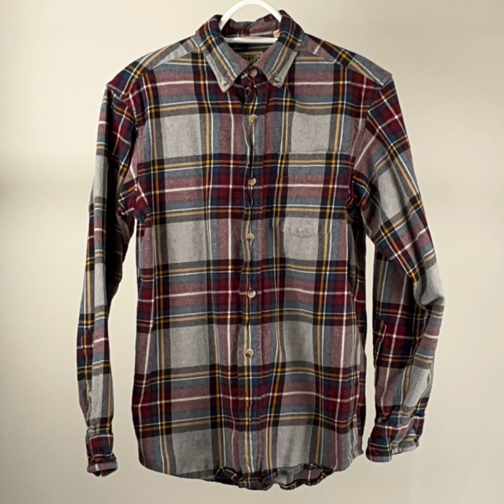 Red and Blue Casual Button Down Shirt with Plaid Design